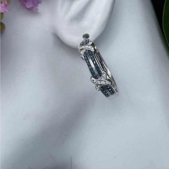 NWT Savvy Cie Rhodium Plated Pave Blue Crystal & SilverTone Hoop Earrings - Picture 11 of 12